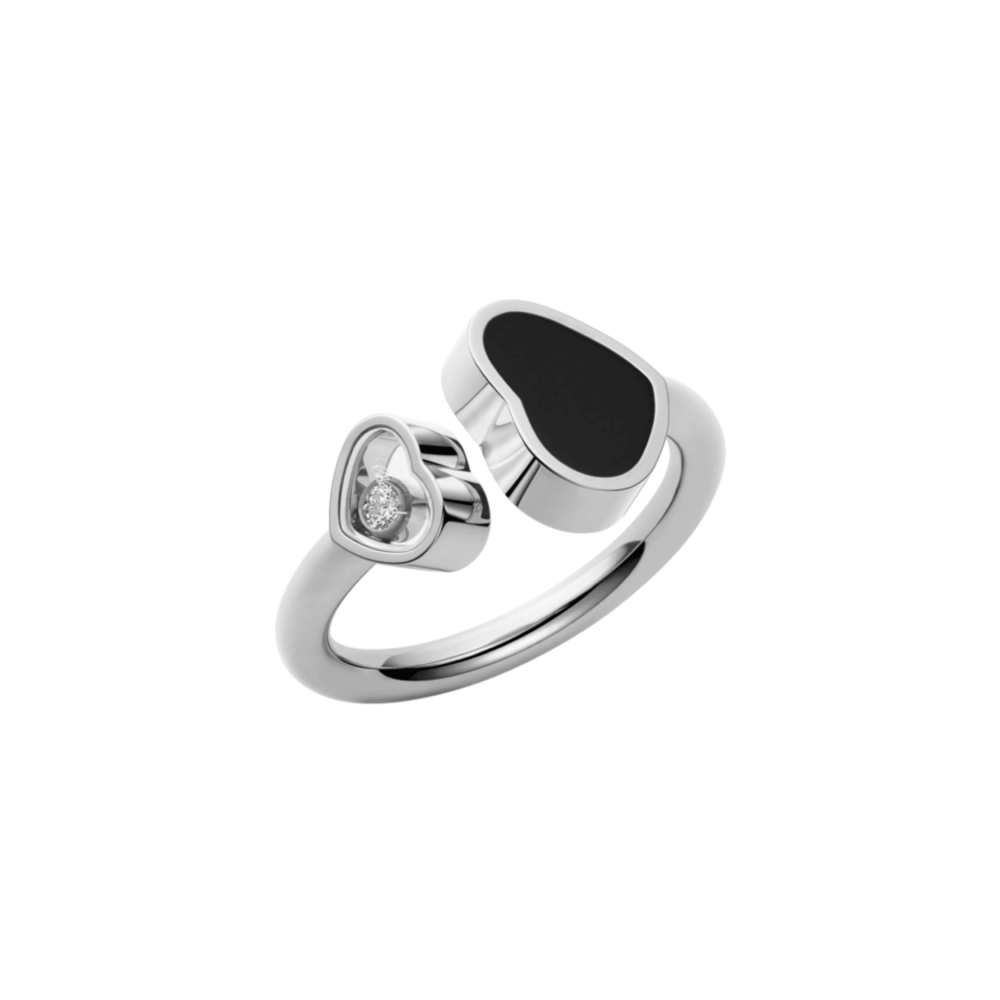Happy Hearts Bague en or blanc 750 sertie d’une Onyx taille cœur et un cœur avec un diamant mobile