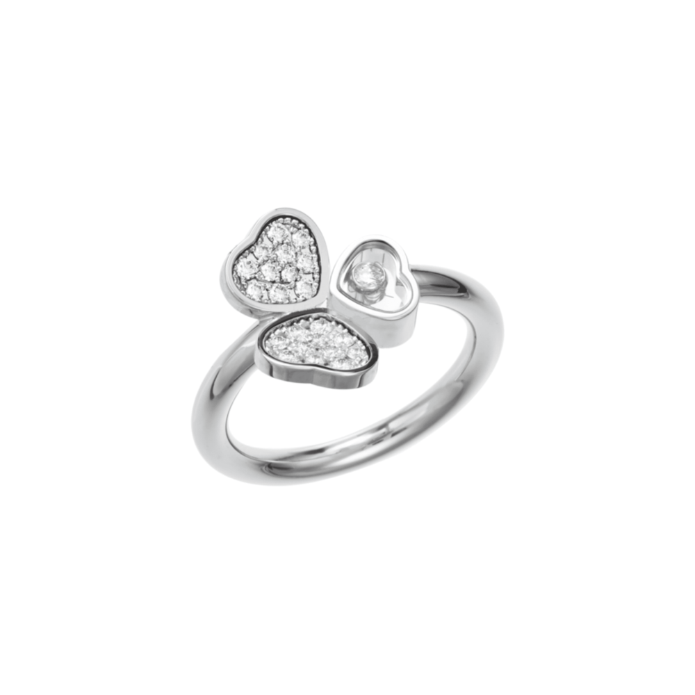 Happy hearts ring in white gold with two hearts set with 22 diamonds and a heart with a moving diamond