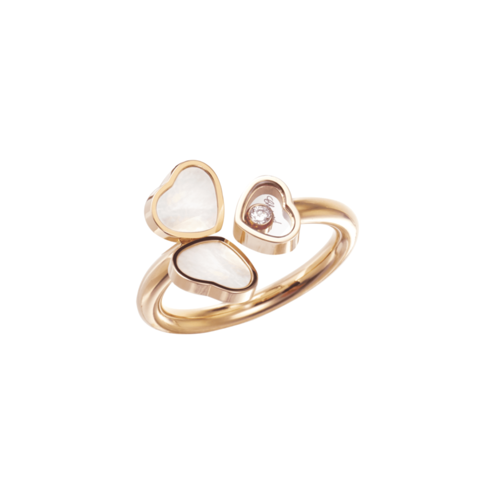 Happy Hearts pink gold ring with two mother-of-pearl hearts and a mobile diamond heart