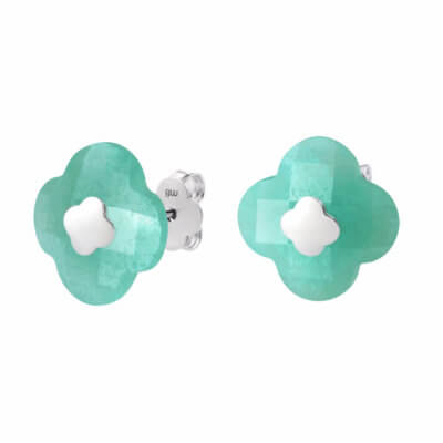 Victoria Boucles d’oreilles mini trèfles Amazonite et or gris 750