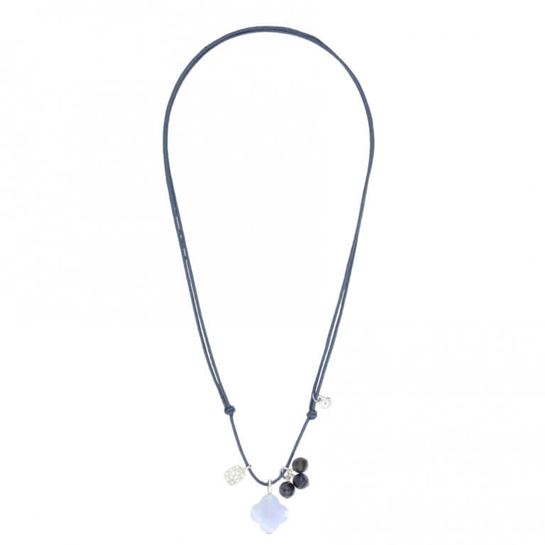 Morganne Bello - Gri-Gri blue jeans cord necklace with blue agate clover and sapphire