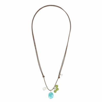 Gri-Gri taupe cord necklace with amazonite cushion and peridot pearls