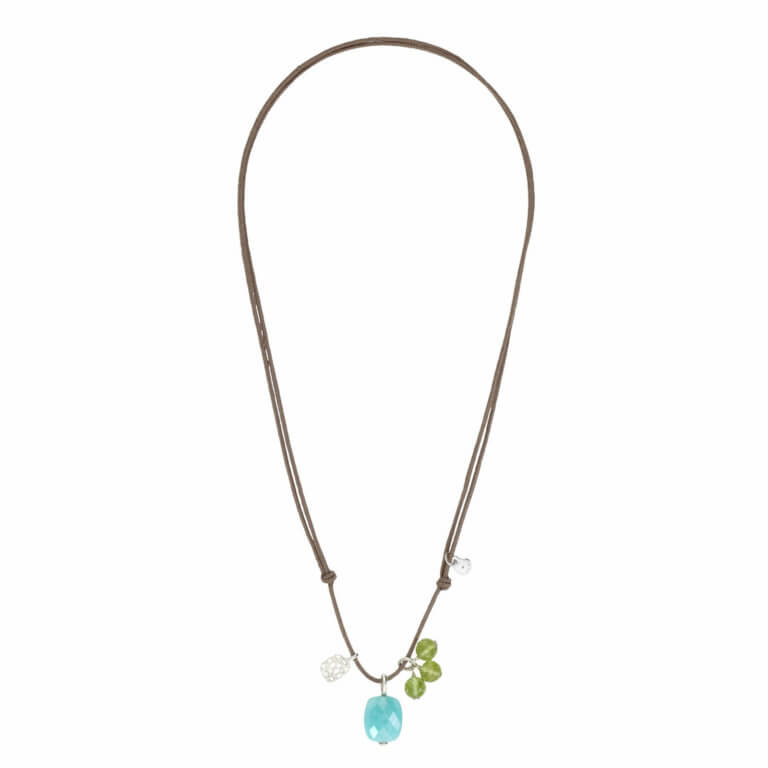 Morganne Bello - Gri-Gri taupe cord necklace with amazonite cushion and peridot pearls