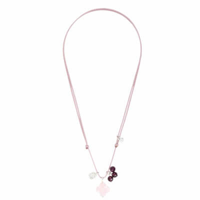 Gri-Gri pink old cord necklace with clover quartz rose powder and rhodolite