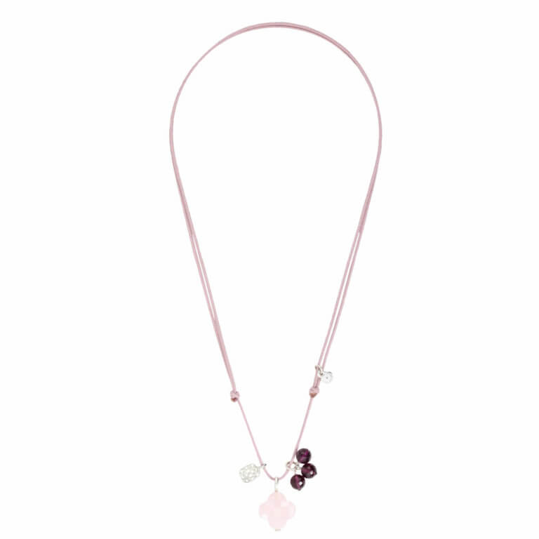 Morganne Bello - Gri-Gri pink old cord necklace with clover quartz rose powder and rhodolite