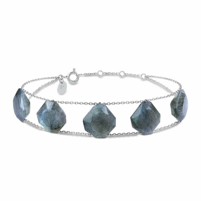 Morganne Bello - Gem-Gem double chain bracelet forced limée and 5 Labradorite raw size