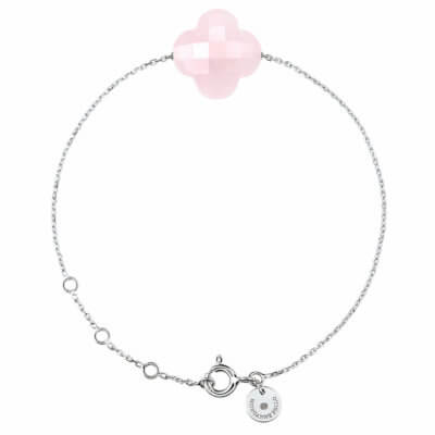 White Clover Wristband Bracelet in White Gold with a Pink Quartz