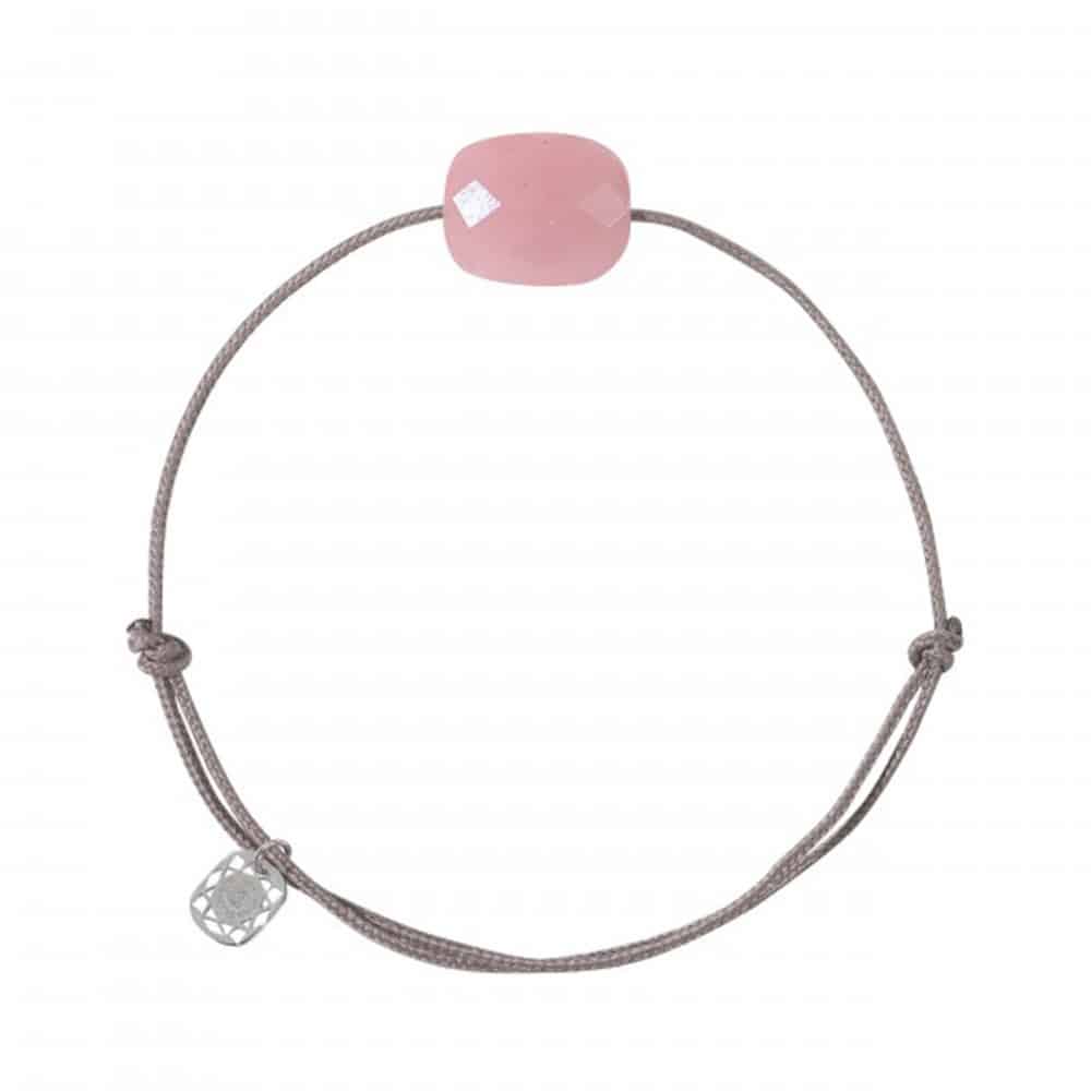Friandise Oversize, bracelet cordon taupe avec un quartz guava en forme de coussin