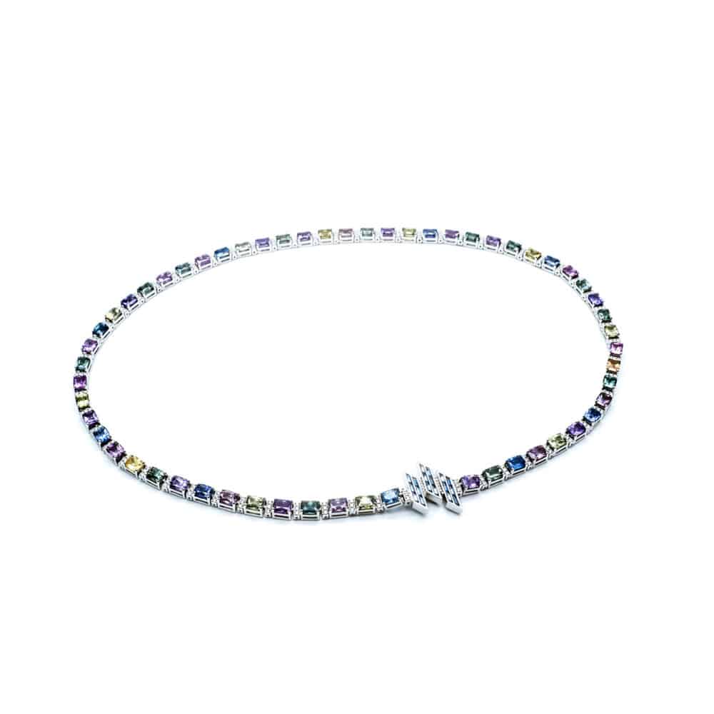Collier-rivière serti de saphirs multicolores et diamants