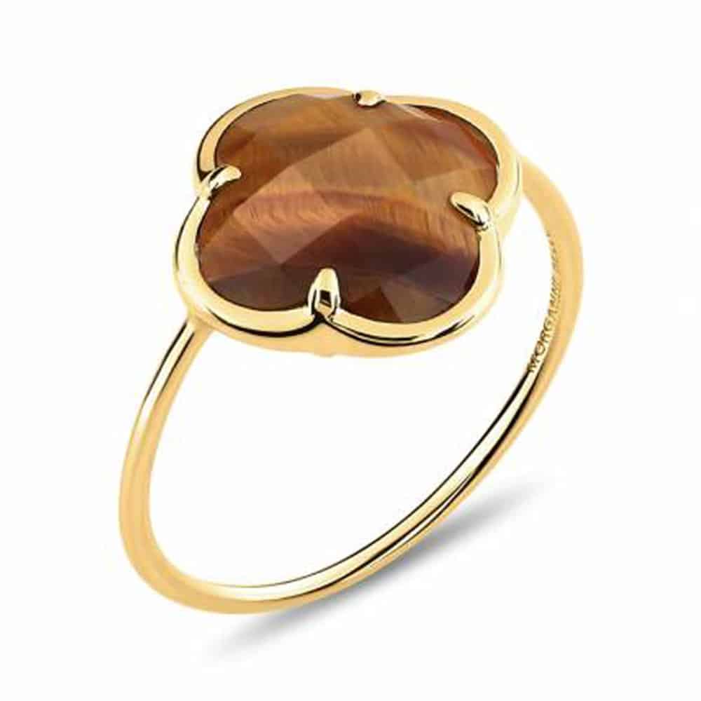Victoria bague en or jaune 750 sertie d’un trèfle en oeil de tigre