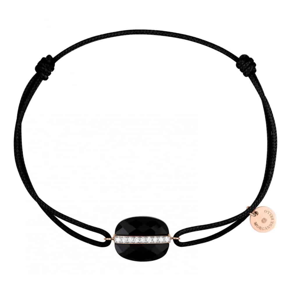 Aurore bracelet cordon noir, coussin onyx serti d’une barrette or rose de diamants