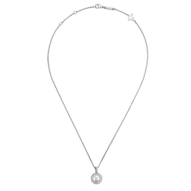 Chopard - Happy Diamonds collier or blanc avec pendentif rond serti de diamant et un diamant mobile