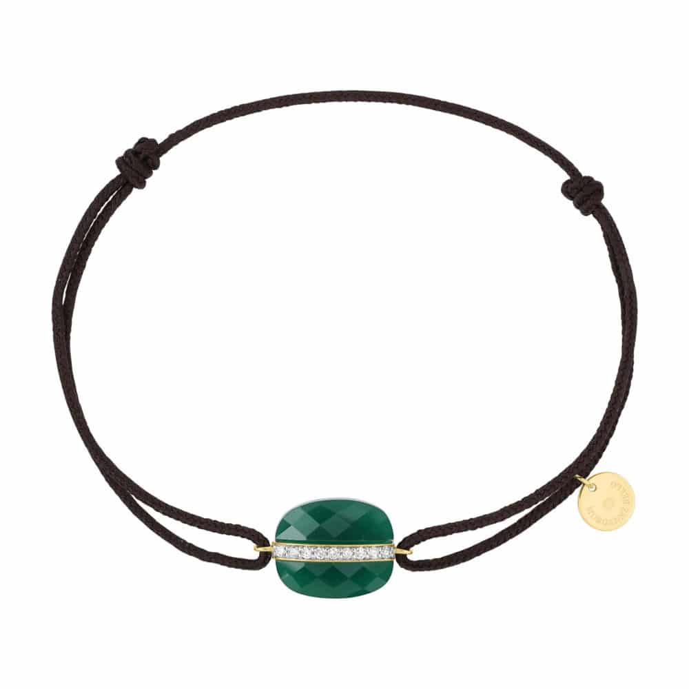 Aurore bracelet cordon chocolat et coussin agate verte et diamants