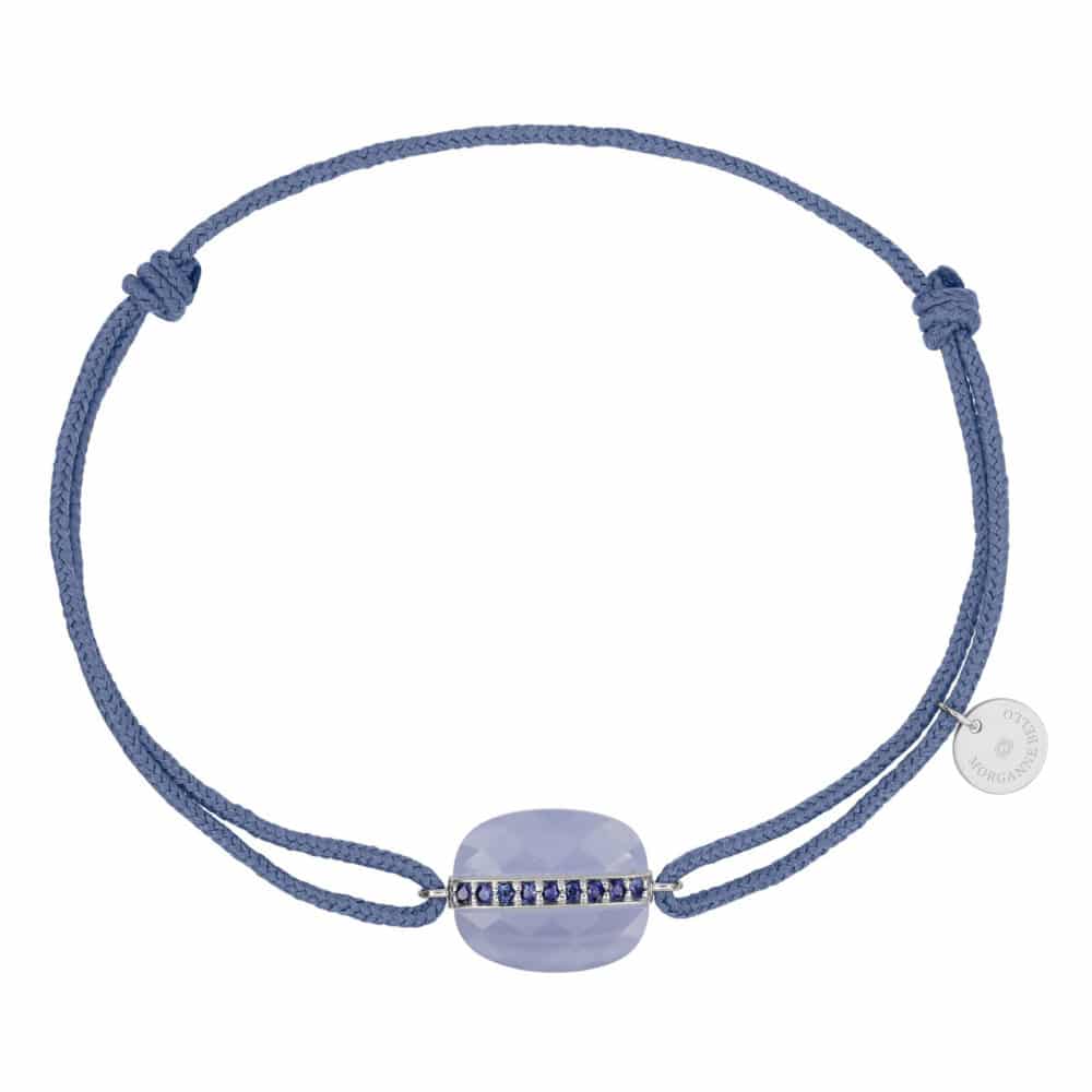 Bracelet Aurore sur cordon bleu jean, cousin en dentelle d’agate bleue serti de 9 saphirs