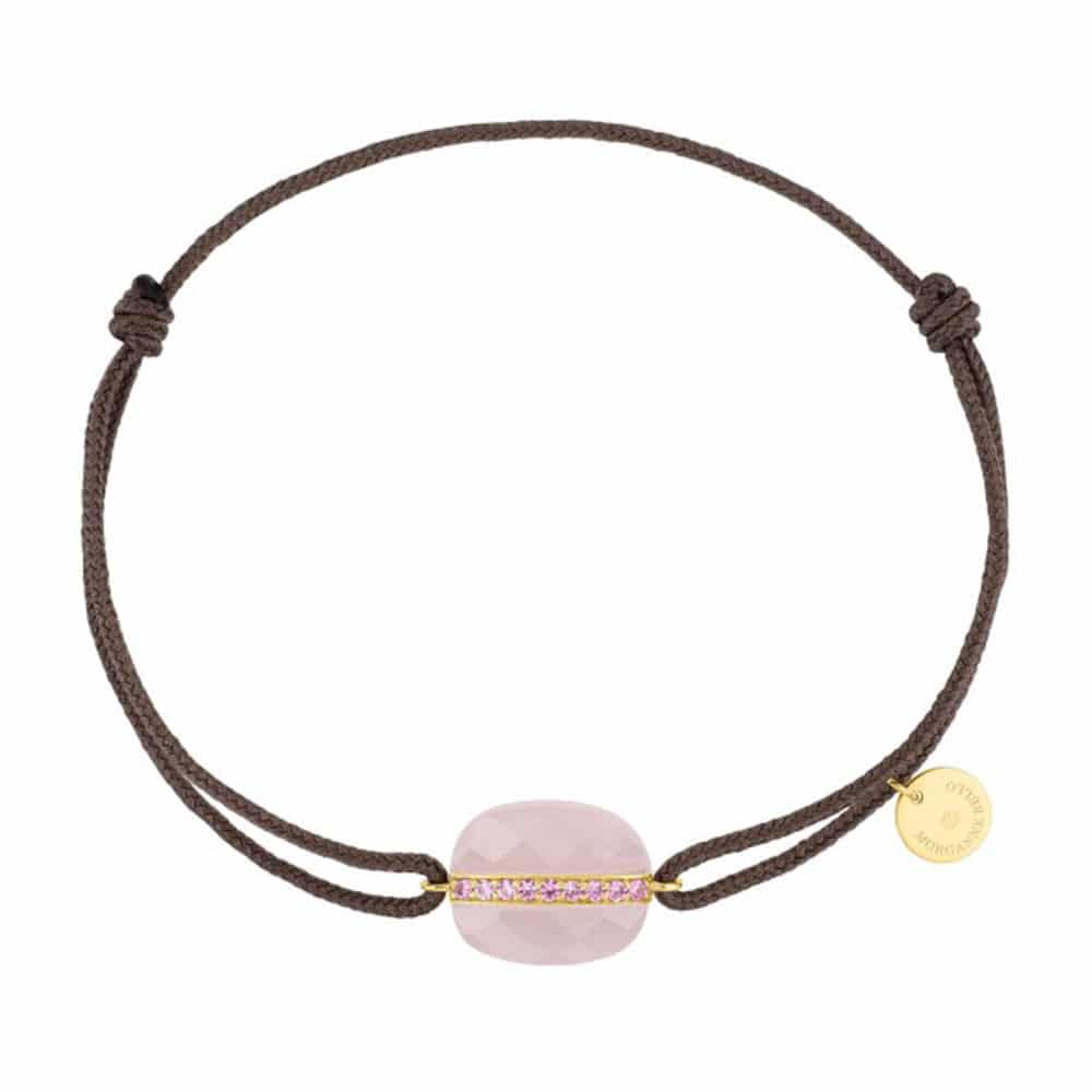 Aurore bracelet cordon taupe et coussin quartz rose et saphirs rose
