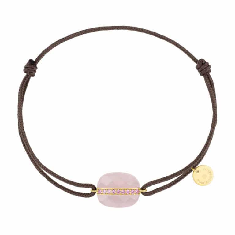 Morganne Bello - Aurore bracelet cordon taupe et coussin quartz rose et saphirs rose