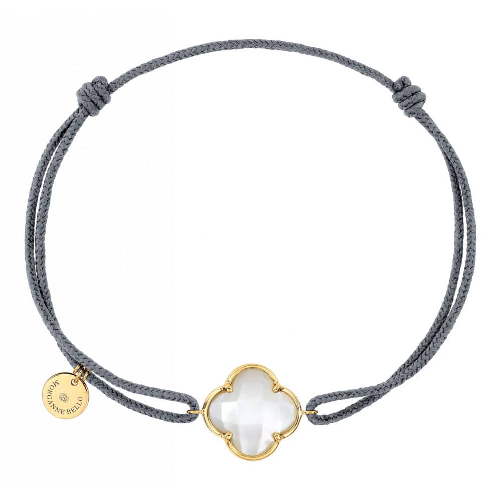 Victoria bracelet cordon gris avec motif trèfle en nacre, entourage or jaune