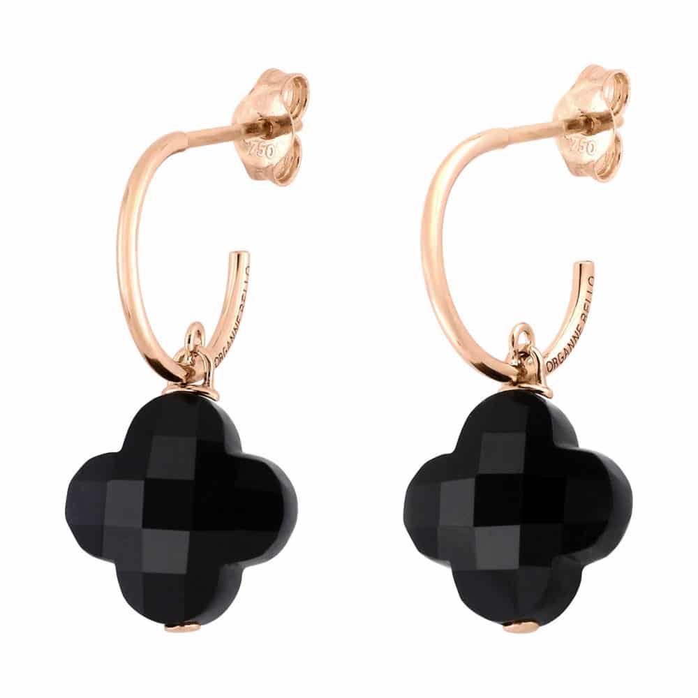 Friandise petite créoles en or rose 750 avec trèfles onyx