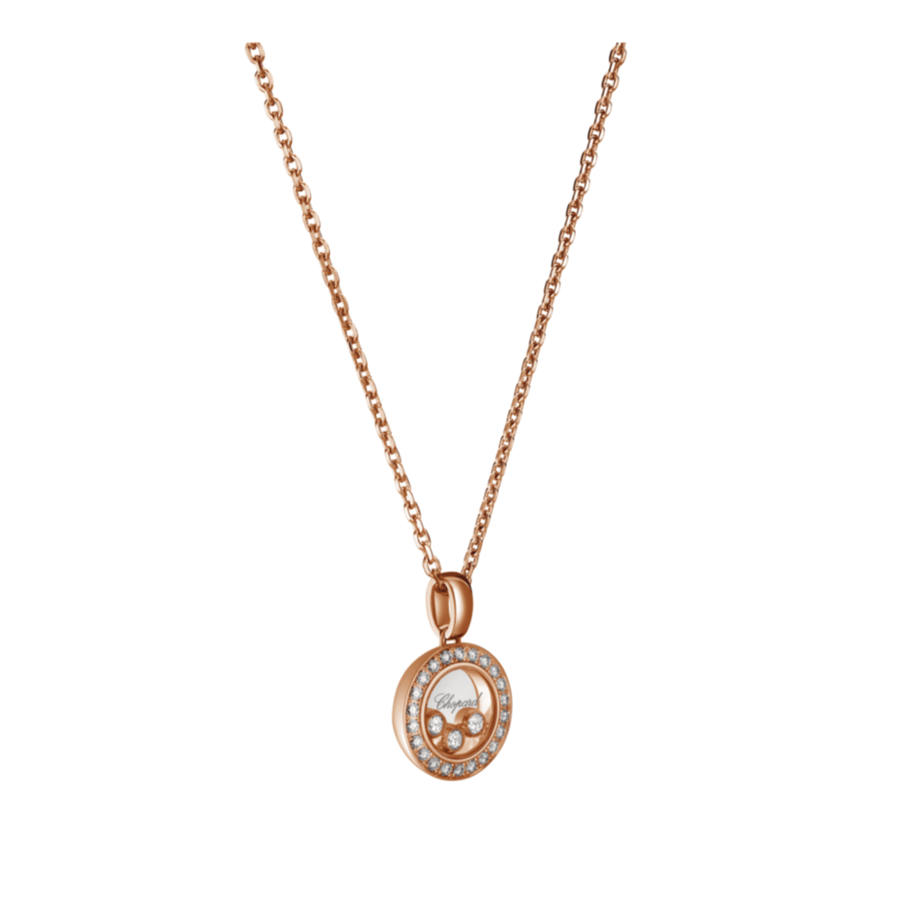 Happy diamonds collier en or rose 750, pendentif rond sertie 22 diamants et 3 diamants mobiles