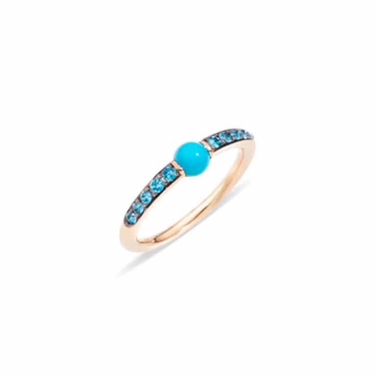 Pomellato - M’ama non M’ama bague en or rose sertie de 10 zircons bleus et un cabochon turquoise réservée