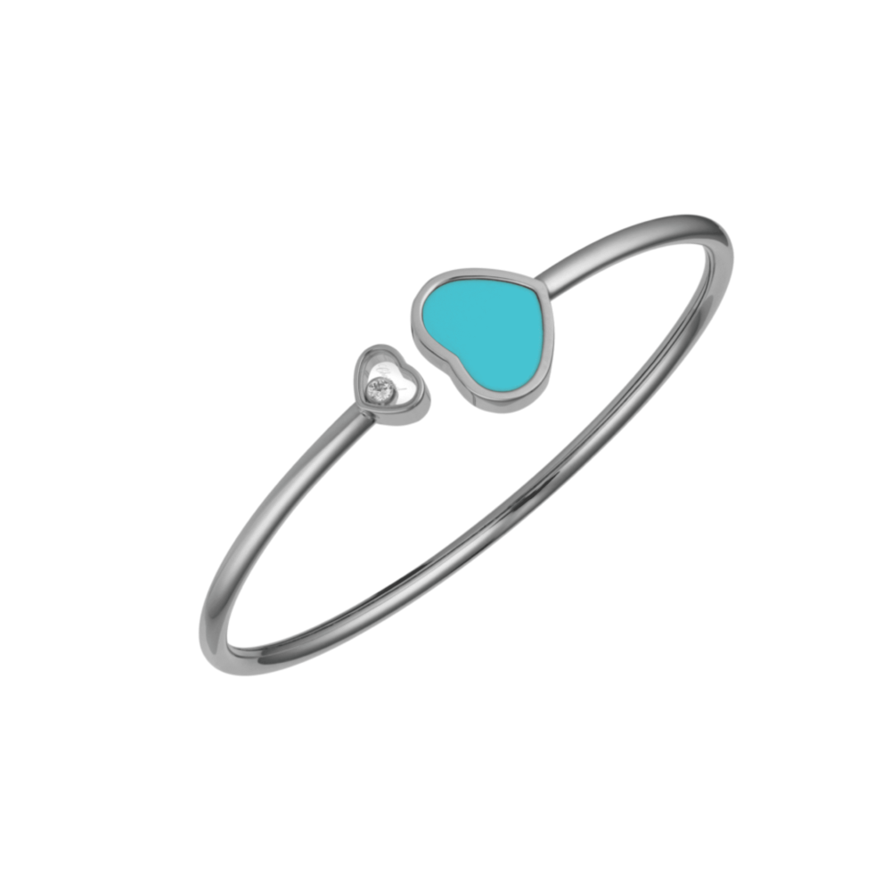 Happy Hearts rigid bracelet in white gold, heart motif with a turquoise stone and a heart motif with a mobile diamond