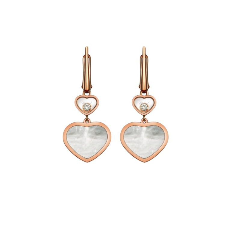 Chopard - Happy Heart sleeper earrings in pink gold, two small hearts with two moving diamonds and two hearts with mother of pearl
