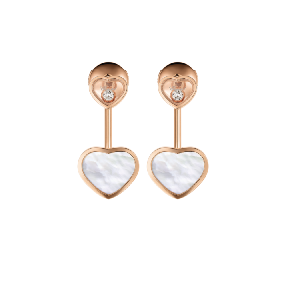 Happy Hearts boucles d’oreilles en or rose, 2 petits coeurs avec deux diamants mobiles et deux coeurs avec nacre