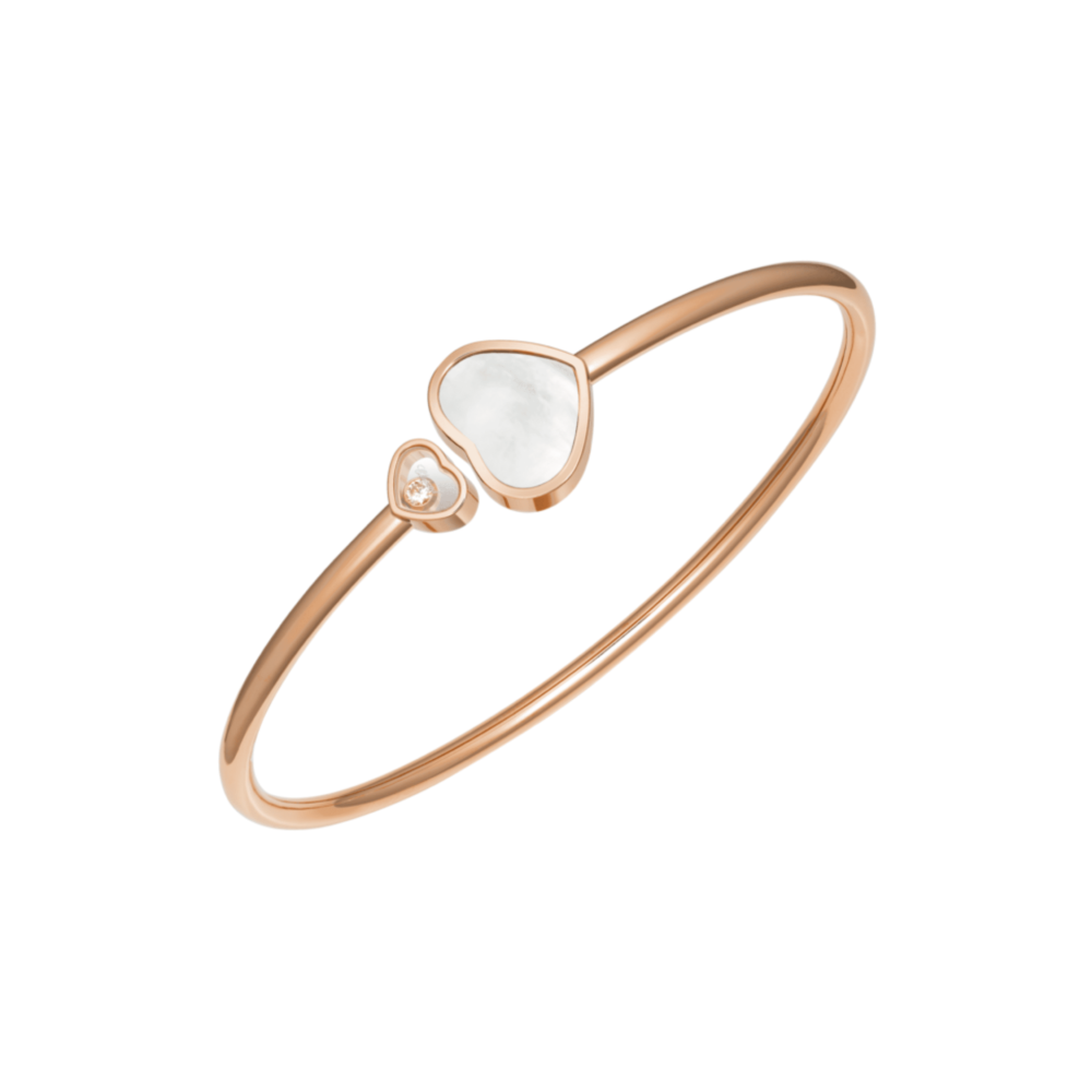 Happy Hearts, bracelet rigide en or rose 750, petit coeur avec un diamant et un grand coeur avec de la nacre