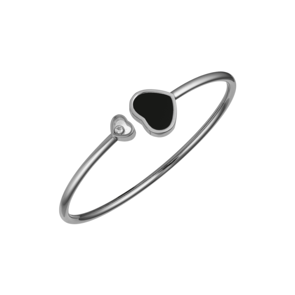 Happy Hearts, bracelet en or blanc, coeur avec un diamant mobile et un coeur avec une onyx
