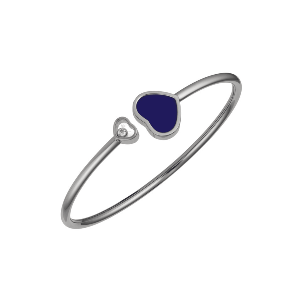 Happy Hearts, rigid bracelet in white gold, heart with a mobile diamond and a heart with a blue stone