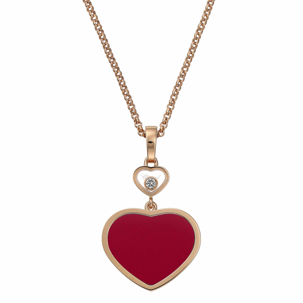 Happy hearts collier en or rose, pendentif coeur avec une pierre rouge et un coeur avec un diamant mobile