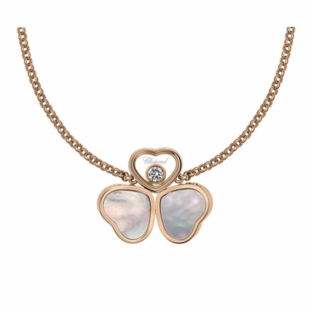 Happy hearts collier en or rose avec deux coeurs nacre et un coeur avec un diamant mobile
