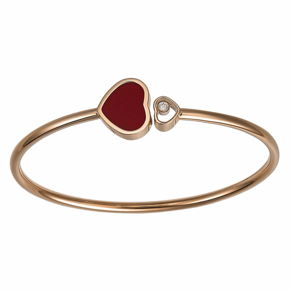 Happy Hearts rigid bracelet in rose gold, heart with a red stone and a heart with a moving diamond