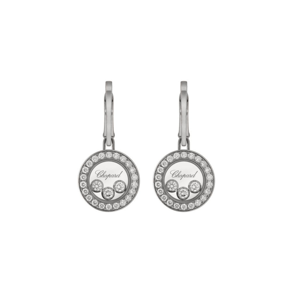 Happy diamonds boucles d’oreilles pendantes en or blanc serties de 44 diamants et 6 diamants mobiles