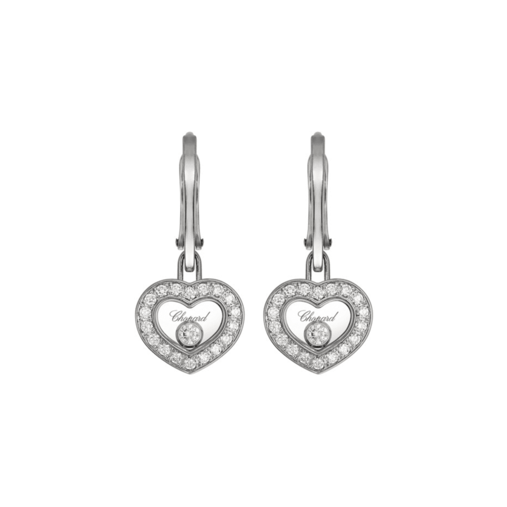 Happy Diamonds boucles d’oreilles pendantes en or blanc, cœurs serties de 36 diamants et deux diamants mobiles