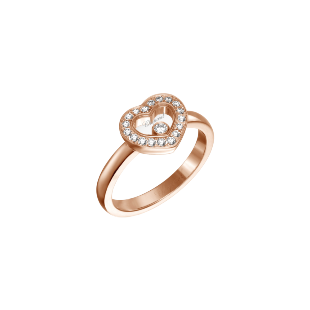 Happy diamonds bague en or rose 750 en forme de coeur sertie de 18 diamants et un diamant mobile
