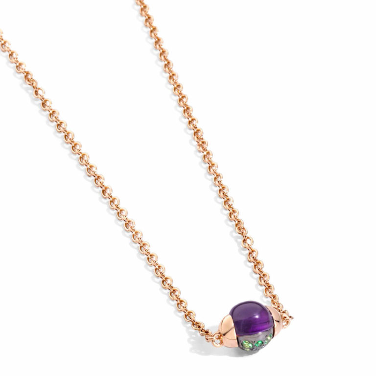 Pomellato - Collier en or rose 750 maille Forçat avec pendentif sertie d’une améthyste ronde cabochon et d’une tsavorite