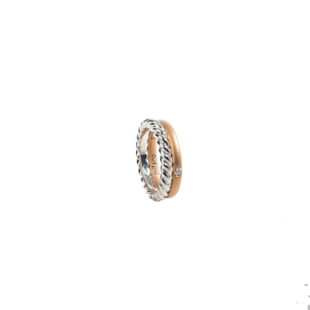 Milano Bague double anneaux en or blanc tressé et or rose mat serti d’un diamant
