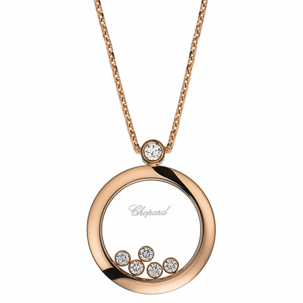 Happy Diamonds collier en or rose 750, pendentif rond serti clos d’un diamant et 5 diamants mobiles