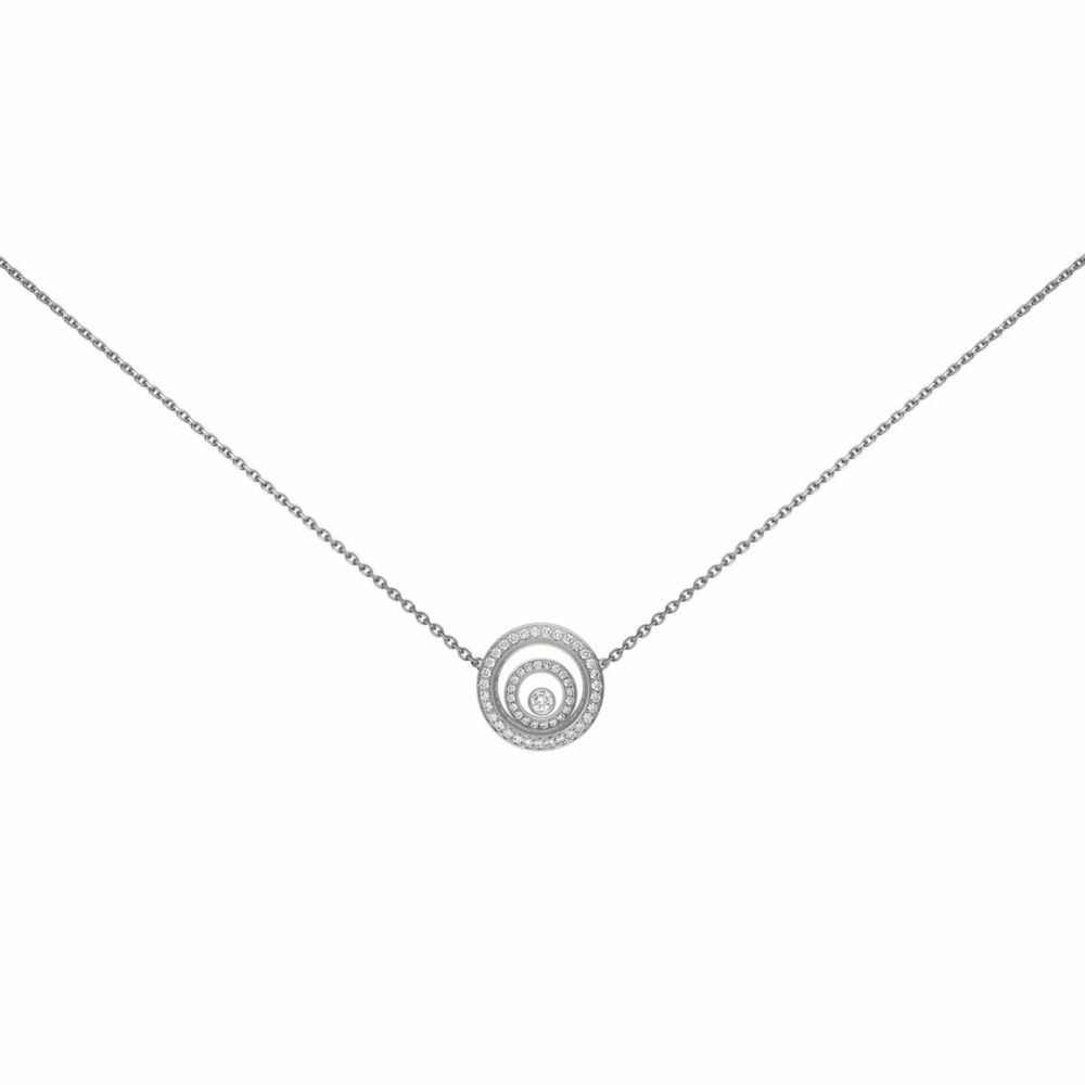 Happy Spirit collier en or blanc 750, pendentif double rond sertie de 51 diamants et un diamant mobile