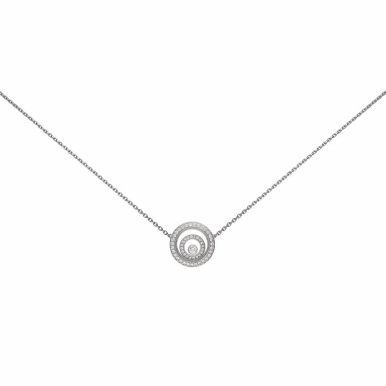 Chopard - Happy Spirit collier en or blanc 750, pendentif double rond sertie de 51 diamants et un diamant mobile