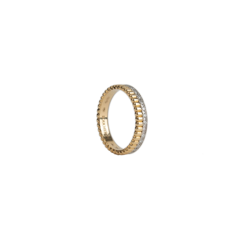 Bague 2 rangs bicolore, un anneau en or jaune motif gros grains et un anneau en or blanc serti de 32 diamants