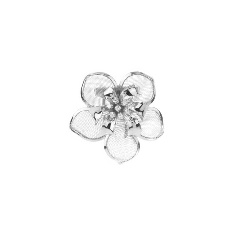 Bijoux Vintage - Broche vintage en or blanc 750, motif floral sertis de 7 diamants