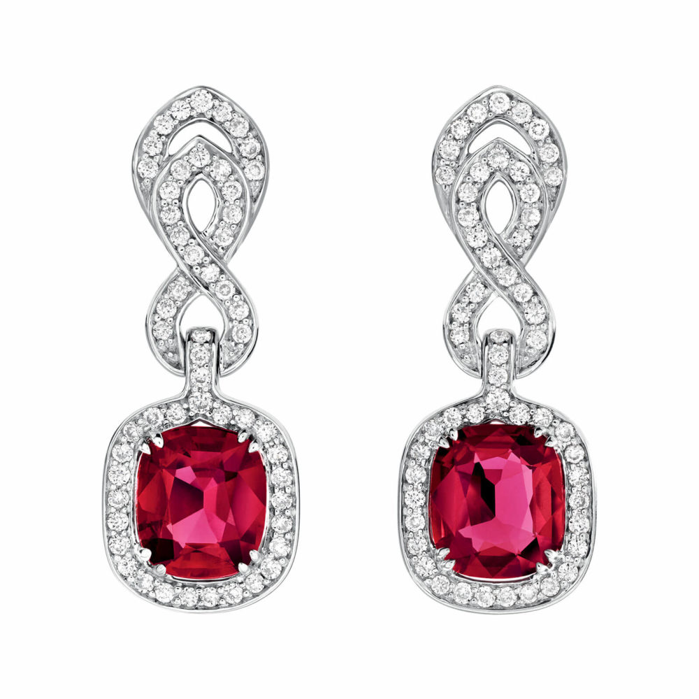 White gold pendant earrings set with rubies