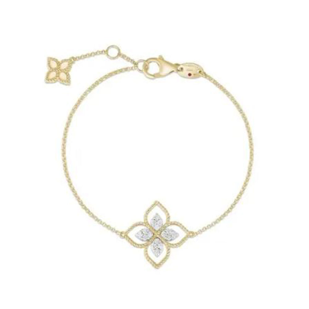Fleur de princesse Bracelet en or jaune 750 avec motif fleur serti de 16 diamants et un rubis