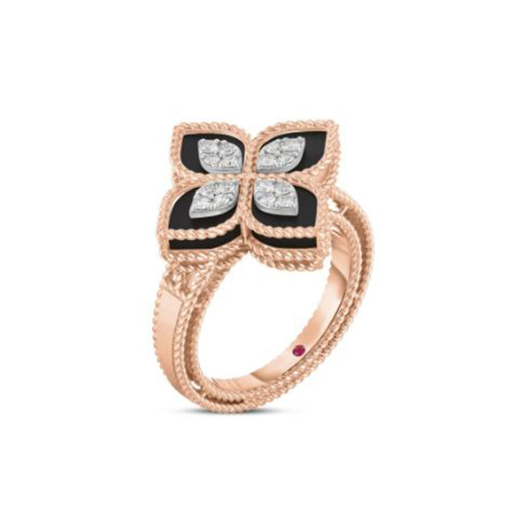 Ring in 750 pink gold, flower motif set with 4 jades with 16 diamonds and a ruby