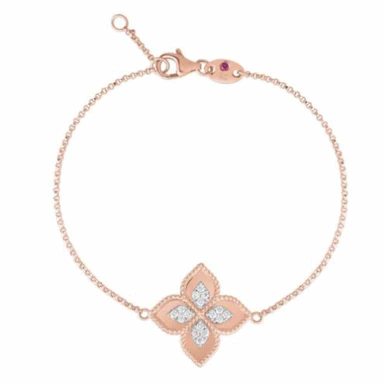 Roberto Coin - Fleur de princesse Bracelet en or rose 750, fleur serti de 16 diamants et un rubis