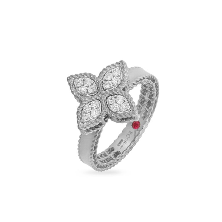 Roberto Coin - Fleur de princesse Bague en or blanc 750 avec motif fleur serti de 16 diamants et un rubis