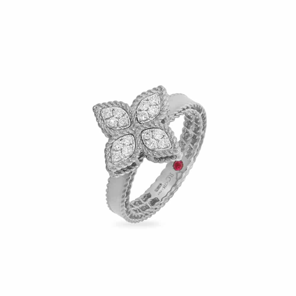 Fleur de princesse bague en or blanc 750 avec motif d’une fleure sertie de diamants