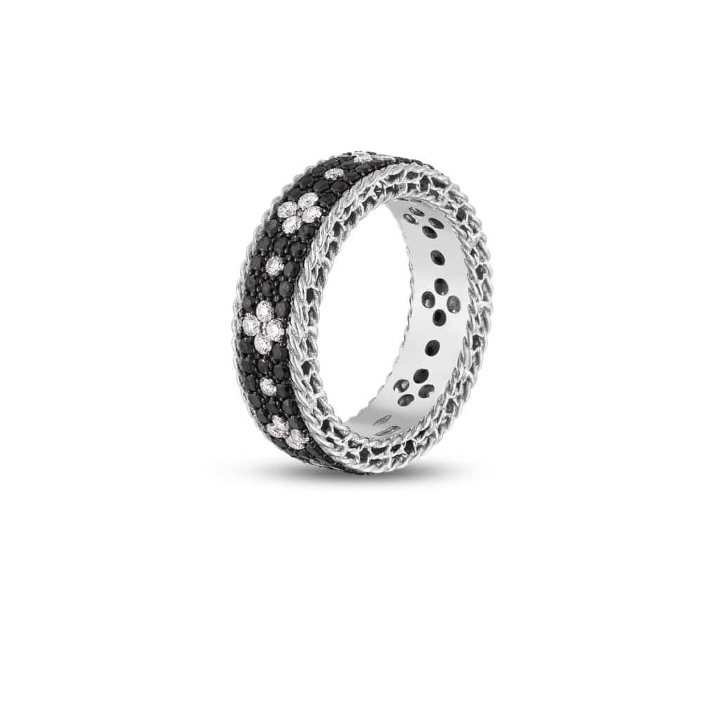 Bague en or blanc 750 avec 40 diamants, 96 diamants noirs et un rubis